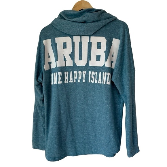 Aruba One Happy Island Teal Blue Long Sleeve Hoodie Top, Large - Picture 1 of 6